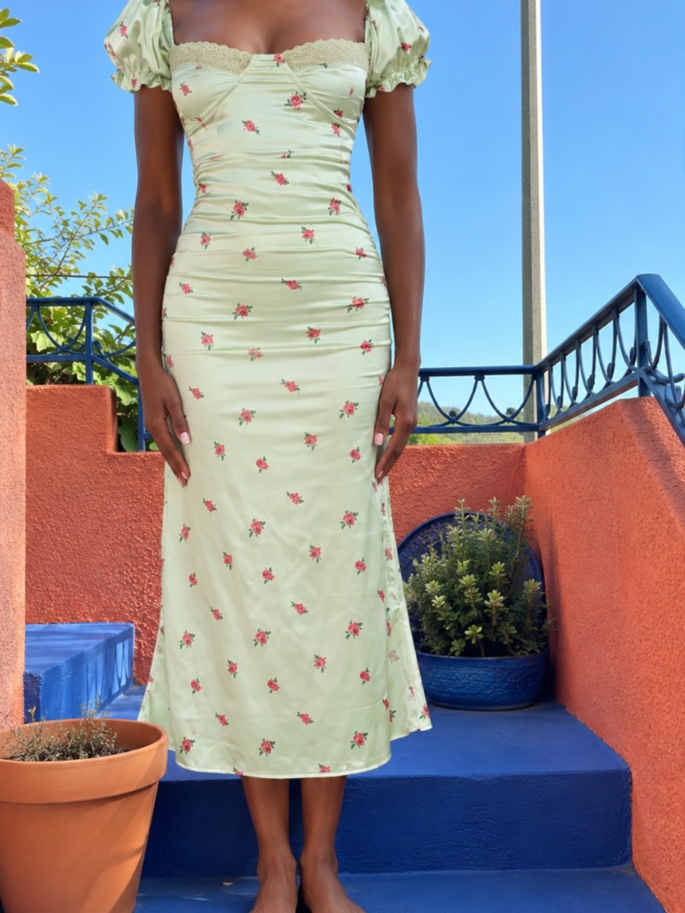 Serpenti Satin Floral Romantic Midi Dress